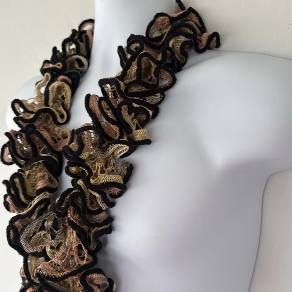 Handmade tan pink black woven crochet lace textured neck scarf one size
